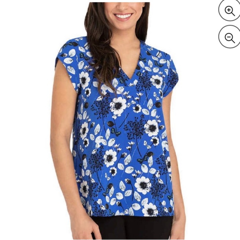 Hilary Radley Blue & White Cap Sleeve Blouse Size 2X